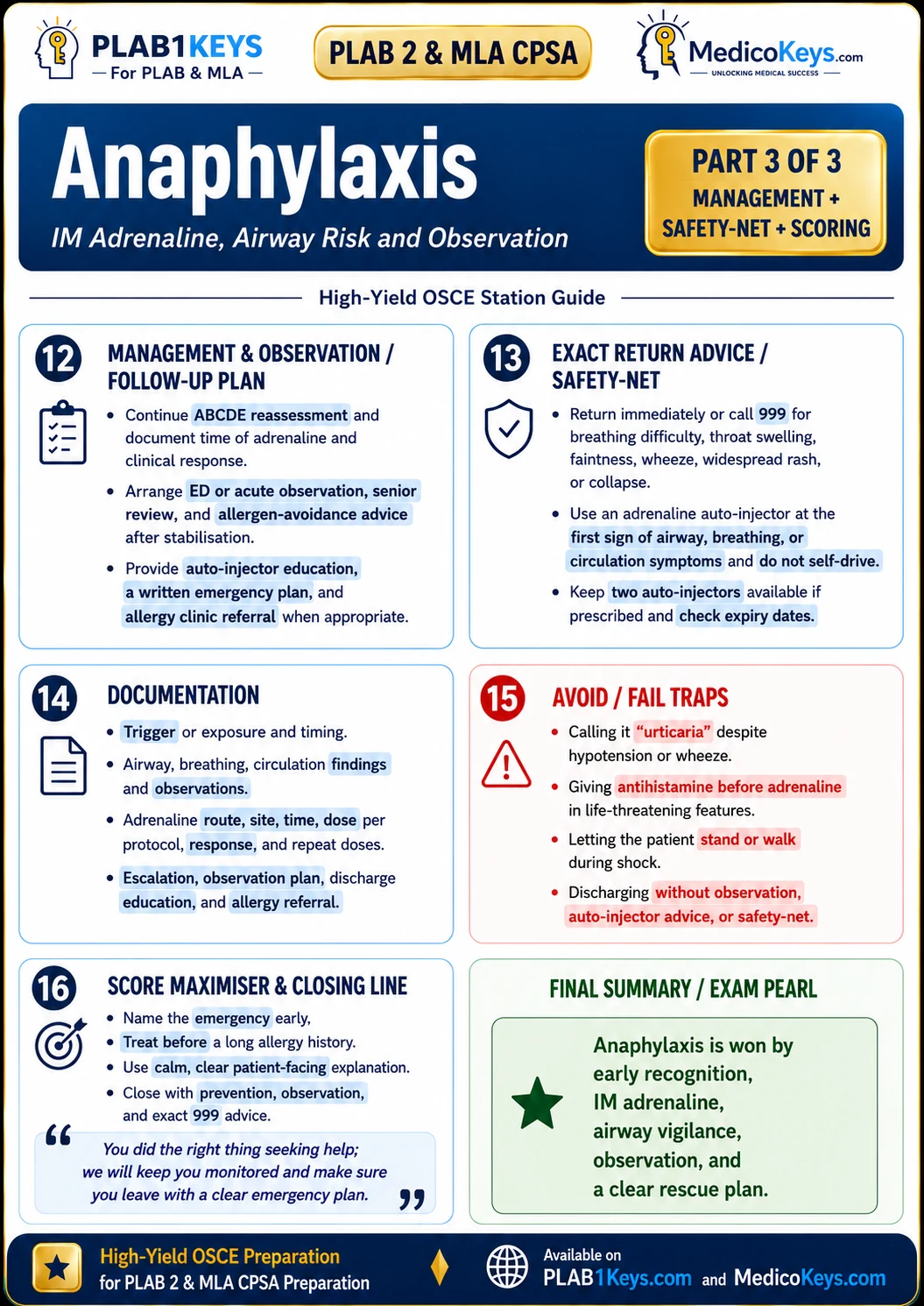 PLAB 2 and MLA CPSA Keys free sample: Anaphylaxis — Part 3 of 3